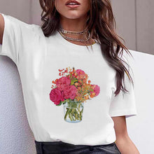 Load image into Gallery viewer, Vogue watercolor flowers high heel shoe printed tshirt women white summer top female t-shirt femme punk t shirt streetwear
