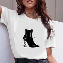 Load image into Gallery viewer, Vogue watercolor flowers high heel shoe printed tshirt women white summer top female t-shirt femme punk t shirt streetwear