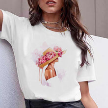 Load image into Gallery viewer, Vogue watercolor flowers high heel shoe printed tshirt women white summer top female t-shirt femme punk t shirt streetwear