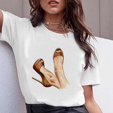 Load image into Gallery viewer, Vogue watercolor flowers high heel shoe printed tshirt women white summer top female t-shirt femme punk t shirt streetwear