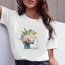 Load image into Gallery viewer, Vogue watercolor flowers high heel shoe printed tshirt women white summer top female t-shirt femme punk t shirt streetwear
