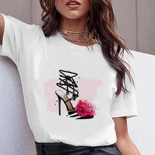 Load image into Gallery viewer, Vogue watercolor flowers high heel shoe printed tshirt women white summer top female t-shirt femme punk t shirt streetwear
