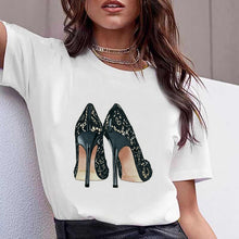 Load image into Gallery viewer, Vogue watercolor flowers high heel shoe printed tshirt women white summer top female t-shirt femme punk t shirt streetwear
