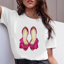 Load image into Gallery viewer, Vogue watercolor flowers high heel shoe printed tshirt women white summer top female t-shirt femme punk t shirt streetwear
